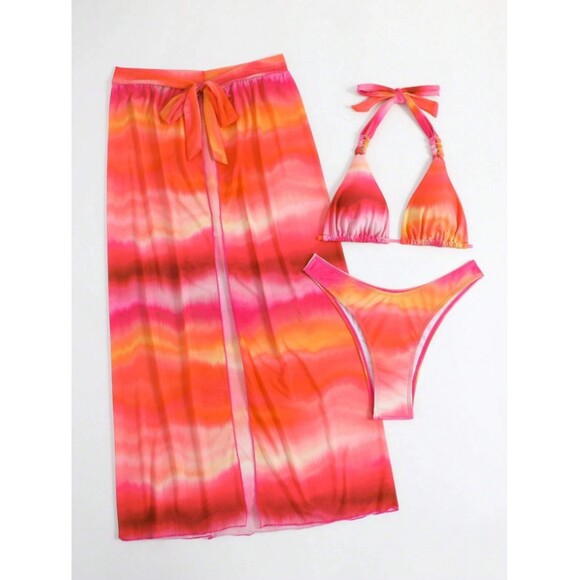 X-Large 3-piece Tie Dye Halter Triangle Bikini Swimsuit With Beach Wrap Skirt - Picture 6 of 6